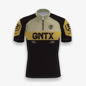 Jersey sepeda custom atau jersey road bike Genethics 2026 warna hitam, kuning, krem dengan bahan quick-dry breathable untuk bersepeda dan aktivitas olahraga lainnya (Tampak Depan).