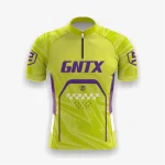 Jersey sepeda custom atau jersey road bike Genethics 2026 warna hijau ungu dengan bahan quick-dry breathable untuk bersepeda dan aktivitas olahraga lainnya (Tampak Depan).