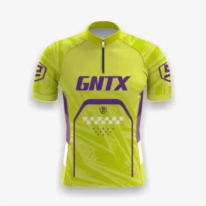Jersey sepeda custom atau jersey road bike Genethics 2026 warna hijau ungu dengan bahan quick-dry breathable untuk bersepeda dan aktivitas olahraga lainnya (Tampak Depan).