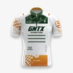 Jersey sepeda custom atau jersey MTB Genethics 2026 warna putih, hijau, jingga dengan bahan quick-dry breathable untuk bersepeda dan aktivitas olahraga lainnya (Tampak Depan).