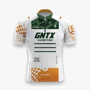 Jersey sepeda custom atau jersey MTB Genethics 2026 warna putih, hijau, jingga dengan bahan quick-dry breathable untuk bersepeda dan aktivitas olahraga lainnya (Tampak Depan).