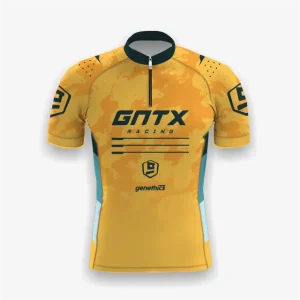 Jersey sepeda custom atau jersey road bike Genethics 2026 warna kuning aksen hijau dengan bahan quick-dry breathable untuk bersepeda dan aktivitas olahraga lainnya (Tampak Depan).