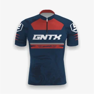 Jersey sepeda custom atau jersey road bike Genethics 2026 warna merah navy dengan bahan quick-dry breathable untuk bersepeda dan aktivitas olahraga lainnya (Tampak Depan).
