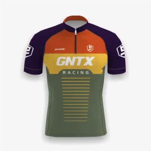 Jersey sepeda custom atau jersey road bike Genethics 2026 warna ungu, jingga, kuning, hijau dengan bahan quick-dry breathable untuk bersepeda dan aktivitas olahraga lainnya (Tampak Depan).
