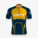 Jersey sepeda custom atau jersey road bike Genethics 2026 warna biru kuning dengan bahan quick-dry breathable untuk bersepeda dan aktivitas olahraga lainnya (Tampak Depan).