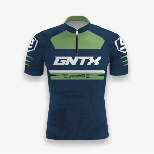 Jersey sepeda custom atau jersey road bike Genethics 2026 kombinasi warna hijau dengan bahan quick-dry breathable untuk bersepeda dan aktivitas olahraga lainnya (Tampak Depan).