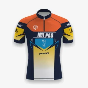 Jersey sepeda custom atau jersey sepeda racing road bike Genethics 2026 warna kuning, biru, jingga dengan bahan quick-dry breathable untuk bersepeda dan aktivitas olahraga lainnya (Tampak Depan).