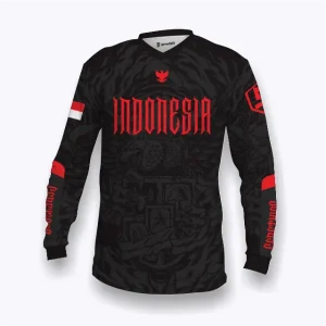 Jersey Indonesia custom Genethics edisi kemerdekaan 2026 warna hitam dengan bahan quick-dry breathable cocok untuk jersey sepeda, jersey badminton, jersey padel, jersey lari (Tampak Depan).