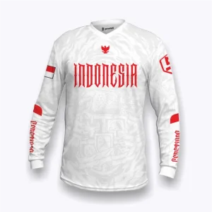 Jersey Indonesia custom Genethics edisi kemerdekaan 2026 warna putih dengan bahan quick-dry breathable cocok untuk jersey sepeda, jersey badminton, jersey padel, jersey lari (Tampak Depan).