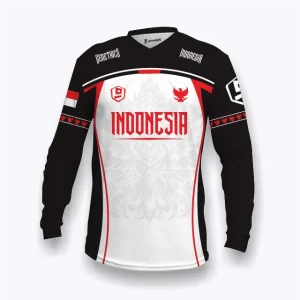 Jersey Indonesia custom Genethics edisi kemerdekaan 2026 warna hitam abu dengan bahan quick-dry breathable cocok untuk jersey sepeda, jersey badminton, jersey padel, jersey lari (Tampak Depan).
