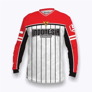 Jersey Indonesia custom Genethics edisi kemerdekaan 2026 warna putih merah hitam dengan bahan quick-dry breathable cocok untuk jersey sepeda, jersey badminton, jersey padel, jersey lari (Tampak Depan).