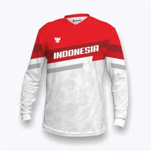 Jersey Indonesia custom Genethics edisi kemerdekaan 2026 warna putih merah dengan bahan quick-dry breathable cocok untuk jersey sepeda, jersey badminton, jersey padel, jersey lari (Tampak Depan).