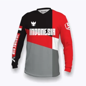 Jersey Indonesia custom Genethics edisi kemerdekaan 2026 warna hitam merah abu putih dengan bahan quick-dry breathable cocok untuk jersey sepeda, jersey badminton, jersey padel, jersey lari (Tampak Depan).