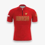 Jersey indonesia custom atau jersey road bike Genethics 2026 warna merah dengan bahan quick-dry breathable untuk bersepeda dan aktivitas olahraga lainnya (Tampak Depan).