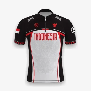 Jersey indonesia custom atau jersey road bike Genethics 2026 warna hitam putih merah dengan bahan quick-dry breathable untuk bersepeda dan aktivitas olahraga lainnya (Tampak Depan).