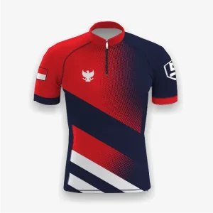 Jersey indonesia custom atau jersey road bike Genethics 2026 warna merah navy putih dengan bahan quick-dry breathable untuk bersepeda dan aktivitas olahraga lainnya (Tampak Depan).