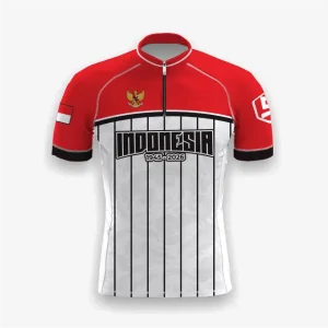 Jersey indonesia custom atau jersey road bike Genethics 2026 warna merah putih hitam dengan bahan quick-dry breathable untuk bersepeda dan aktivitas olahraga lainnya (Tampak Depan).