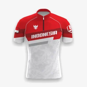 Jersey indonesia custom atau jersey road bike Genethics 2026 warna merah putih dengan bahan quick-dry breathable untuk bersepeda dan aktivitas olahraga lainnya (Tampak Belakang).