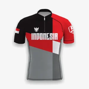 Jersey indonesia custom atau jersey road bike Genethics 2026 warna hitam merah putih abu dengan bahan quick-dry breathable untuk bersepeda dan aktivitas olahraga lainnya (Tampak Depan).