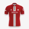 Jersey indonesia custom atau jersey road bike Genethics 2026 warna merah putih dengan bahan quick-dry breathable untuk bersepeda dan aktivitas olahraga lainnya (Tampak Depan).