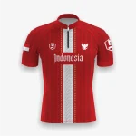 Jersey indonesia custom atau jersey road bike Genethics 2026 warna merah putih dengan bahan quick-dry breathable untuk bersepeda dan aktivitas olahraga lainnya (Tampak Depan).