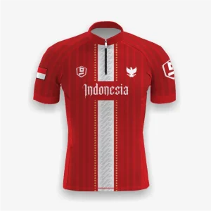 Jersey indonesia custom atau jersey road bike Genethics 2026 warna merah putih dengan bahan quick-dry breathable untuk bersepeda dan aktivitas olahraga lainnya (Tampak Depan).